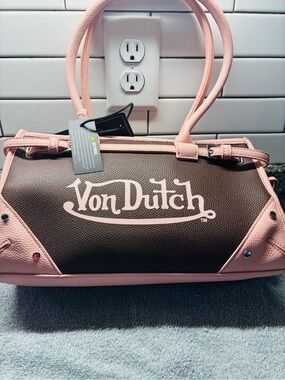 Von Dutch Pink and Brown Logo Satchel Handbag.  New with tags